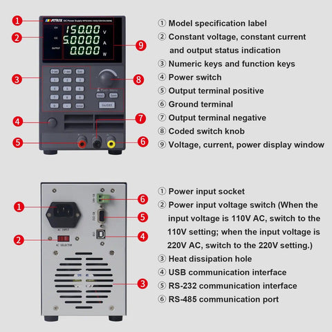 Front and rear view of Programmable DC Power Supply 0 to 150V 5A 300W For Lab Bench, showing controls and ports.