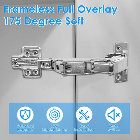 4 Pack 175 Degree Frameless Cabinet Door Hinges Clip On Plate Soft Close Multi Pivot Concealed Hydraulic Hinge in stainless steel