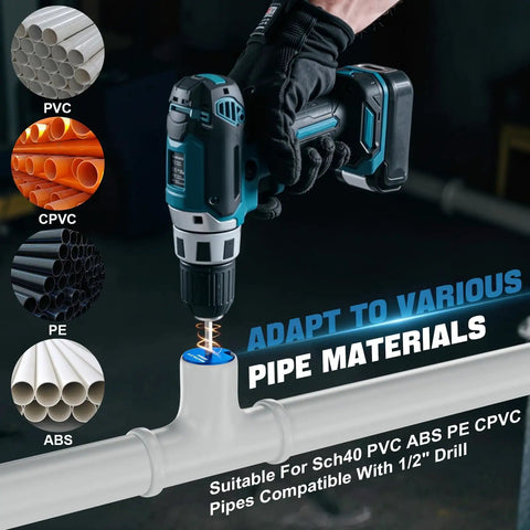 Pro Grade Versatile PVC Pipe Reamer Kit Set with Nine Reamers used on pipe, fits standard drills for Schedule Forty PVC and ABS.