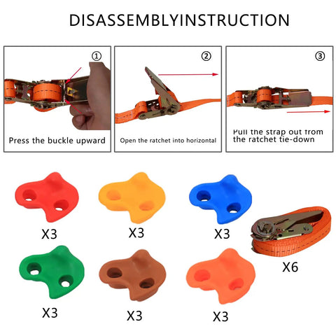Kids Outdoor Ninja Climbing Holds Set With 18 Rock Grips And 6 Ratchet Straps For Backyard Tree Obstacle Course Training
