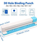 Adjustable 30 Hole Binding Punch For Discbound Notebooks And Journals shown with measurements and hole spacing details