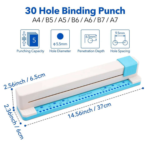 Adjustable 30 Hole Binding Punch For Discbound Notebooks And Journals shown with measurements and hole spacing details