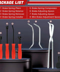 Eight Piece Drum Brake Tool Kit With Brake Spring Pliers Remover and Installer Spring Compressor Brake Adjustment Spoons and Mini Spoon displayed on stands