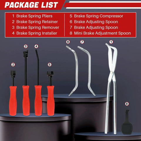 Eight Piece Drum Brake Tool Kit With Brake Spring Pliers Remover and Installer Spring Compressor Brake Adjustment Spoons and Mini Spoon displayed on stands