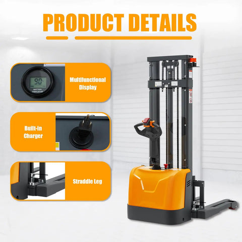Product details of 3300 Lb Capacity Electric Walkie Stacker With 130 In Lift Height And Powered Drive showing display and features.