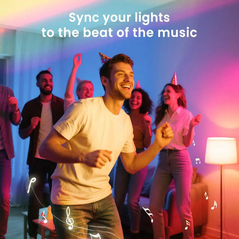 Group enjoying party under dimmable multicolor and white LED bulb A19 E26 8W 60W equivalent, no hub needed, remote control via app.