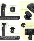Vlogging Hand Grip Tripod With OLED Rechargeable Wireless Cam Remote showing 360° rotation and 1/4" screw detail