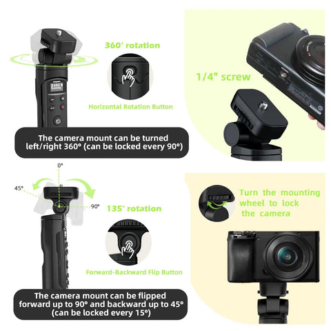 Vlogging Hand Grip Tripod With OLED Rechargeable Wireless Cam Remote showing 360° rotation and 1/4" screw detail
