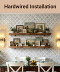 Golbasdena 13in Alabaster Wall Sconces, Gold Wall Lights Bulb Included hardwired installation in a dining area with a wooden shelf.