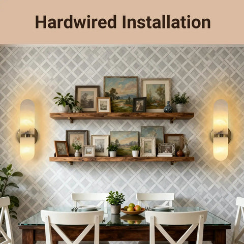 Golbasdena 13in Alabaster Wall Sconces, Gold Wall Lights Bulb Included hardwired installation in a dining area with a wooden shelf.