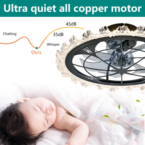 Yunstore Vaxlamp 21" Caged Ceiling Fan with Light and Remote (Matte Black Pointed Tip) above a sleeping baby.