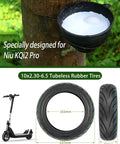 10x2.30-6.5 Tubeless Tire For NIU KQi2 Pro Electric Scooter Front Or Rear Replacement All Weather Rugged Non Slip Durable Explosion Proof Wheel Tire For Easy Spare Tire Maintenance shown with measurements and rubber source