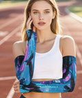 Chill Out Ice Silk Arm Sleeves Delivering Butter Smooth Compression And Ultimate Sun Shield Protection Stretchy Sleeve Guards For Running Golf And Weekend Vibes worn by a woman on a track