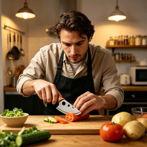 Person using Heavy Duty Stainless Steel Meat Cleaver And 2 Piece Kitchen Chopper Set With Non Slip Grip Ergonomic Handle for slicing vegetables