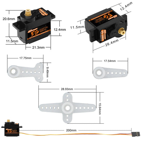 Dimensions and components of 2 Pack 5G Micro Digital Servo With Metal Gears Coreless Motor For 1 28 Scale RC Cars Airplanes