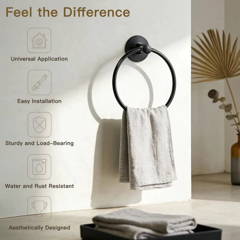 Adhesive Towel Ring Self Adhesive Stainless Steel Matte Black Rustproof Bathroom Towel Holder Wall Mount SUS 304 on white wall