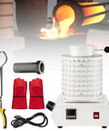 Digital Temperature Controlled Gold Smelting Furnace Kit With Graphite Crucible And Crucible Tongs For Melting Scrap Metal Gold Aluminum 2Kg Beginner Friendly No Fuss Easy LED Display For Precise Temperature Control, including furnace, tongs, crucible, and gloves.