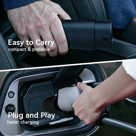Sae J1772 To Type 2 EV Charger Adapter 32 Amp Heavy Duty Portable Electric Vehicle Charging Converter in hand, easy to carry.