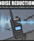 Rugged Dual Band Handheld Radio With IP68 Waterproofing showcasing noise reduction feature outdoors, antennas in background.