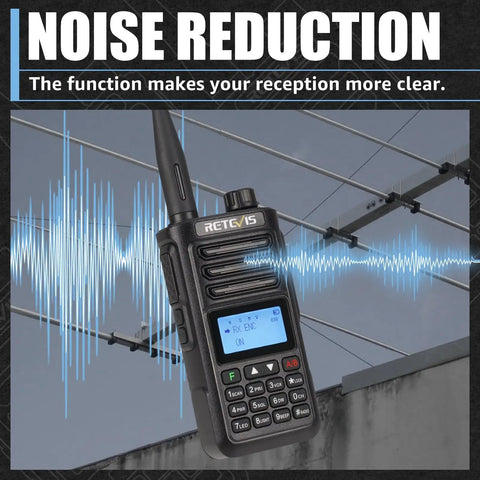Rugged Dual Band Handheld Radio With IP68 Waterproofing showcasing noise reduction feature outdoors, antennas in background.