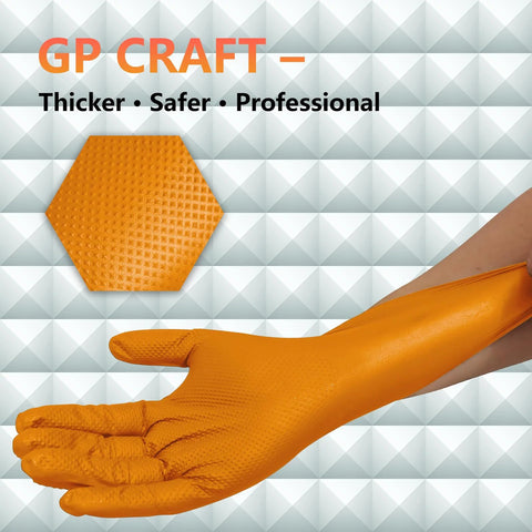 GP CRAFT orange 8mil nitrile safety glove with diamond grip, front view