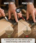Comparison of knife line and pencil line marking showing precision of Straight Shooter High Carbon Steel Wood Marking Knife.