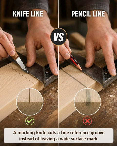 Comparison of knife line and pencil line marking showing precision of Straight Shooter High Carbon Steel Wood Marking Knife.
