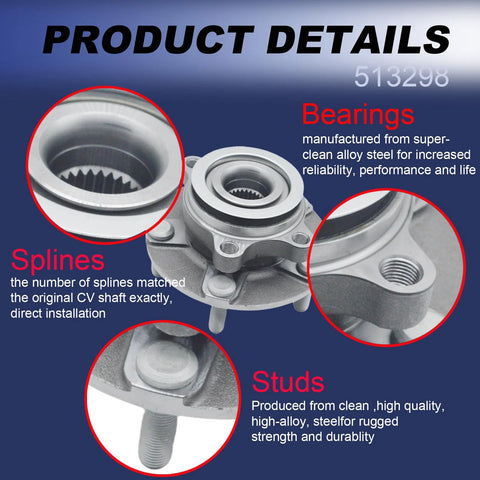 Front Wheel Bearing Hub Assembly Replacement For Nissan Rogue 2008 2013 Rogue Select 2014 2015 Sentra 2008 2012 2.5L 4 Cylinder Only 5 Lug Direct Fit Installation Ready, showing details of splines, studs and bearings.