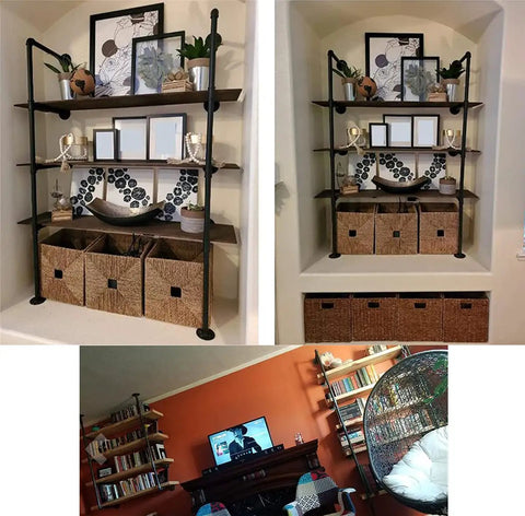 Wall Mount Iron Pipe Shelves Set 4 Tier Go-To Open Storage Brackets Hardware Only For Office Kitchen Living Room Vintage Retro Style 56 Inch Tall 12 Inch Depth Includes Flanges Tees Elbows displayed in a living room.