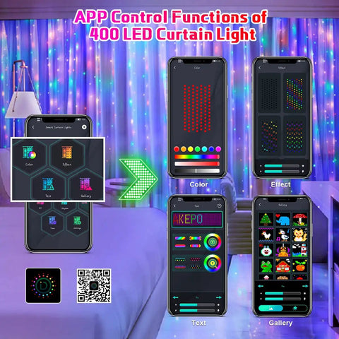 Programmable Colorful Smart LED Window Curtain Lights With APP Control IP65 Waterproof 400 RGB LEDs DIY Text And Pattern