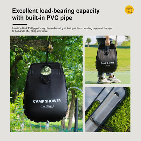 20L Capacity Heated Camp Shower Bag With Hose hanging on a tree branch, showcasing durable fabric and easy grip handle.