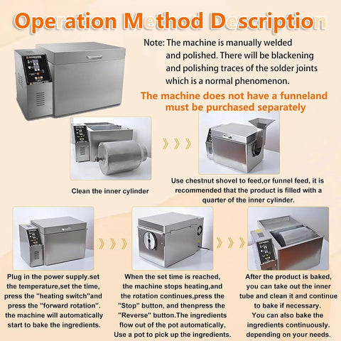 Operation method description for Commercial Digital Electric Nut And Coffee Bean Roaster Machine with stainless construction.
