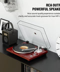 Cool Red Belt Drive Turntable For Vinyl Records With Bluetooth Output Connection Compatible With Active Speakers and Wireless Headphones on black shelf with speaker and clock.