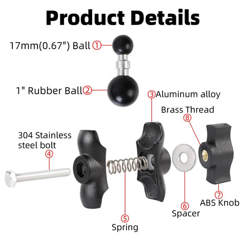 Heavy-Duty 1-Inch To 17mm Ball Adapter With 2.36-Inch Short Double Socket Arm For RAM B-Size Mounts Garmin GPS And 17mm Swivel Ball Phone Mounts Aluminum Alloy With Rubber-Coated Ball For Rock-Solid Stability, exploded parts view