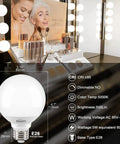 Vanity LED Globe Light Bulbs For Bathroom, G25 Round Vanity Mirror Bulbs, E26 Base, 60W Equivalent, 5000K Daylight, CRI85Plus, 500LM shown next to makeup station