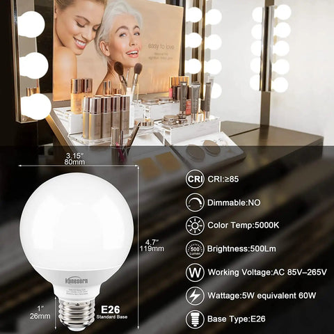 Vanity LED Globe Light Bulbs For Bathroom, G25 Round Vanity Mirror Bulbs, E26 Base, 60W Equivalent, 5000K Daylight, CRI85Plus, 500LM shown next to makeup station