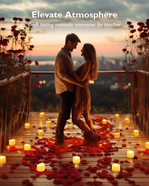 Romantic setting with couple surrounded by 48 Pack Flameless LED Tea Lights With Flickering Warm White Glow, Ivory Bases.