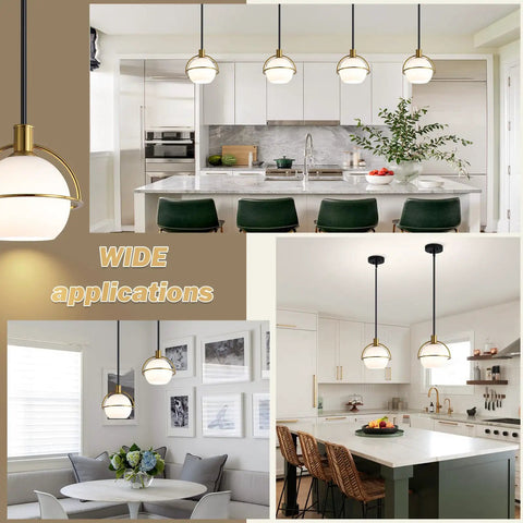 Yuniexuber 2 Pack Modern Mid Century Globe Pendant Lights in a stylish kitchen setting, featuring brass gold and black finish.