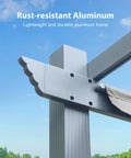 Close-up of matte aluminum frame corner of 10 By 10 Ft Outdoor Pergola With Retractable Shade Canopy, sky in background