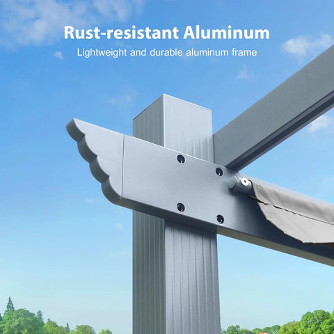Close-up of matte aluminum frame corner of 10 By 10 Ft Outdoor Pergola With Retractable Shade Canopy, sky in background