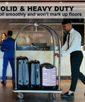 Hotel staff using Heavy Duty 6 Inch By 2 Inch Rubber Tread Caster Wheels Set Of 4 With 1/2 Inch Bore For Carts at a reception desk