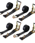 Four Pack Heavy Duty Ratchet Straps Two Inch By Twenty Foot Cargo Tie Downs, 6600 lbs, durable black webbing, ideal for securing loads.