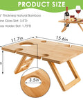 Portable Wine Picnic Table With Five Glass Holders Foldable Snack Tray showing dimensions and bamboo material