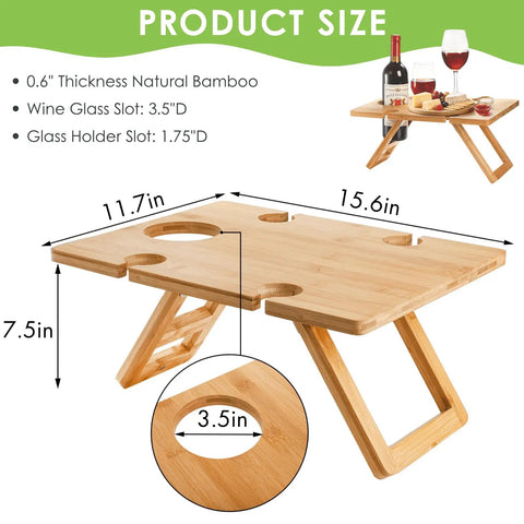 Portable Wine Picnic Table With Five Glass Holders Foldable Snack Tray showing dimensions and bamboo material