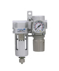 Front view of Compressed Air Filter Regulator Combo With 3/8 Inch NPT, Poly Bowl With Guard, Manual Drain, Gauge, And Mounting Bracket