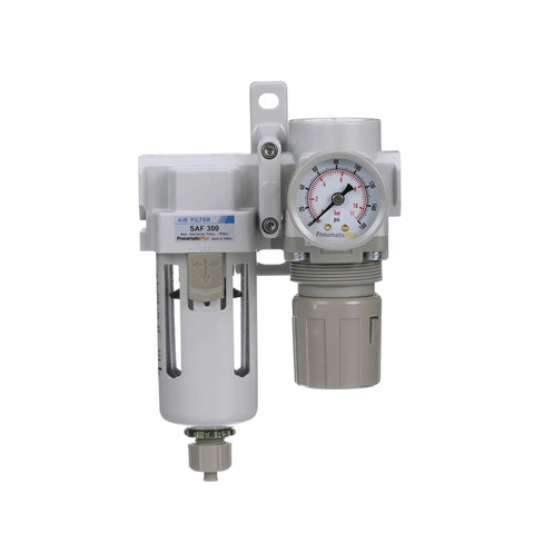 Front view of Compressed Air Filter Regulator Combo With 3/8 Inch NPT, Poly Bowl With Guard, Manual Drain, Gauge, And Mounting Bracket