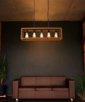 Plug In Five Light Pendant Lamp With E26 Sockets, Rectangle Wood And Metal Farmhouse Chandelier, Black Vintage Ceiling Light