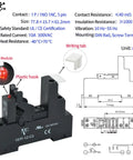 Compact 24V AC Power Relay, 12 Amp SPDT With Test Button, Indicator Light, Socket Base for DIN Rail Systems, diagram and dimensions.