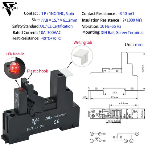 Compact 24V AC Power Relay, 12 Amp SPDT With Test Button, Indicator Light, Socket Base for DIN Rail Systems, diagram and dimensions.