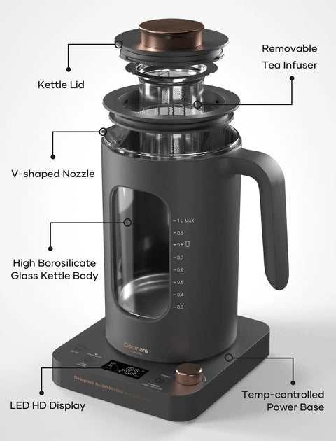 Glass Electric Tea Kettle With Tea Infuser And Precise Temperature Knob 1200W Fast Heating BPA Free Easy To Clean 1 Liter